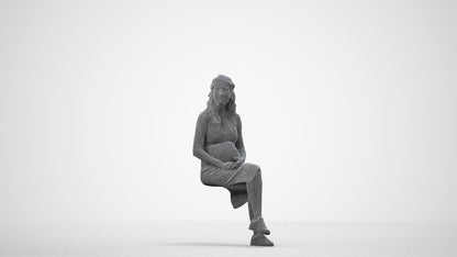 3D human model woman casual sitting, photogrammetry scanned person for archviz, wireframe side view