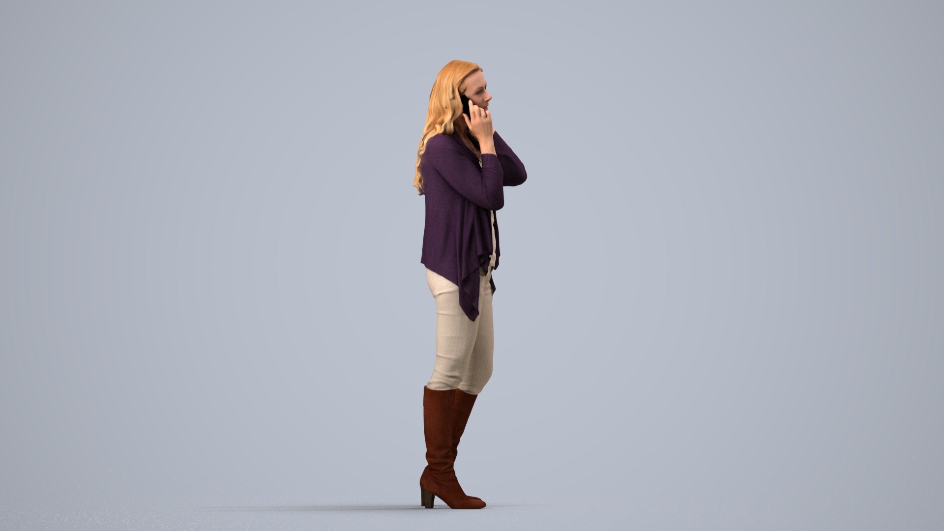 realistic 3D human woman casual standing, archviz people FBX OBJ for Blender, side view render