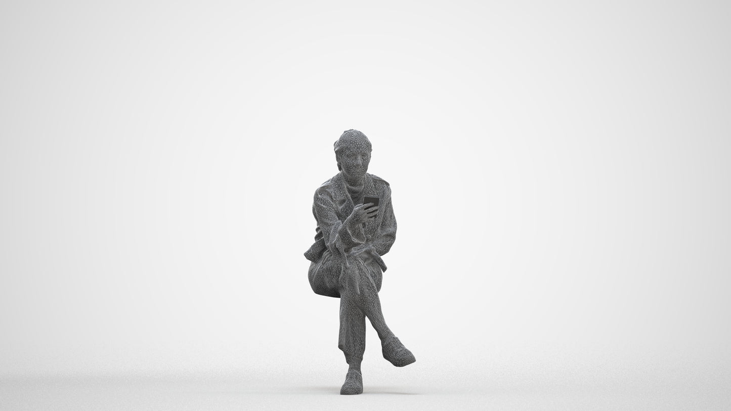 photogrammetry 3D woman casual sitting, realistic human model archviz FBX, three-quarter front view render