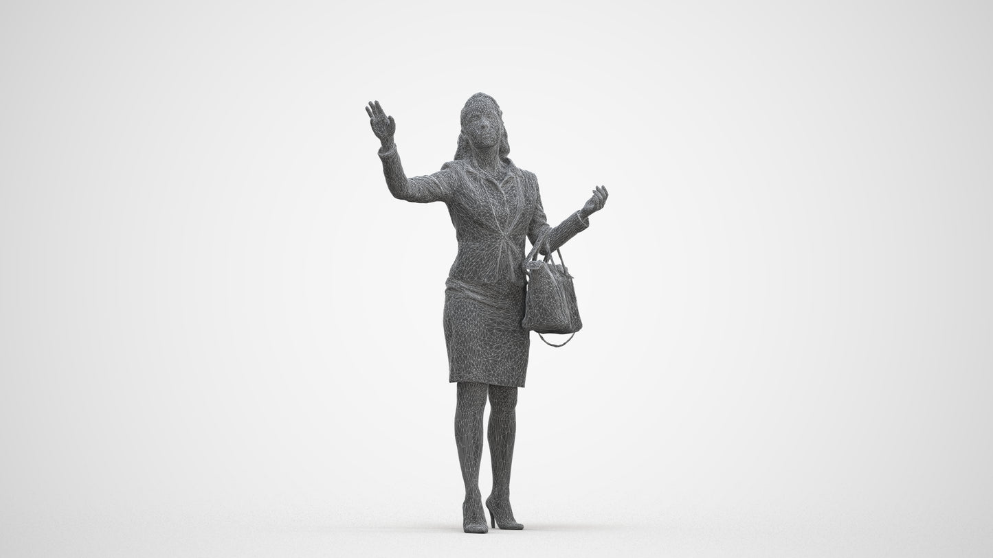 3D human model woman business standing, photogrammetry scanned person for archviz, three-quarter front view render