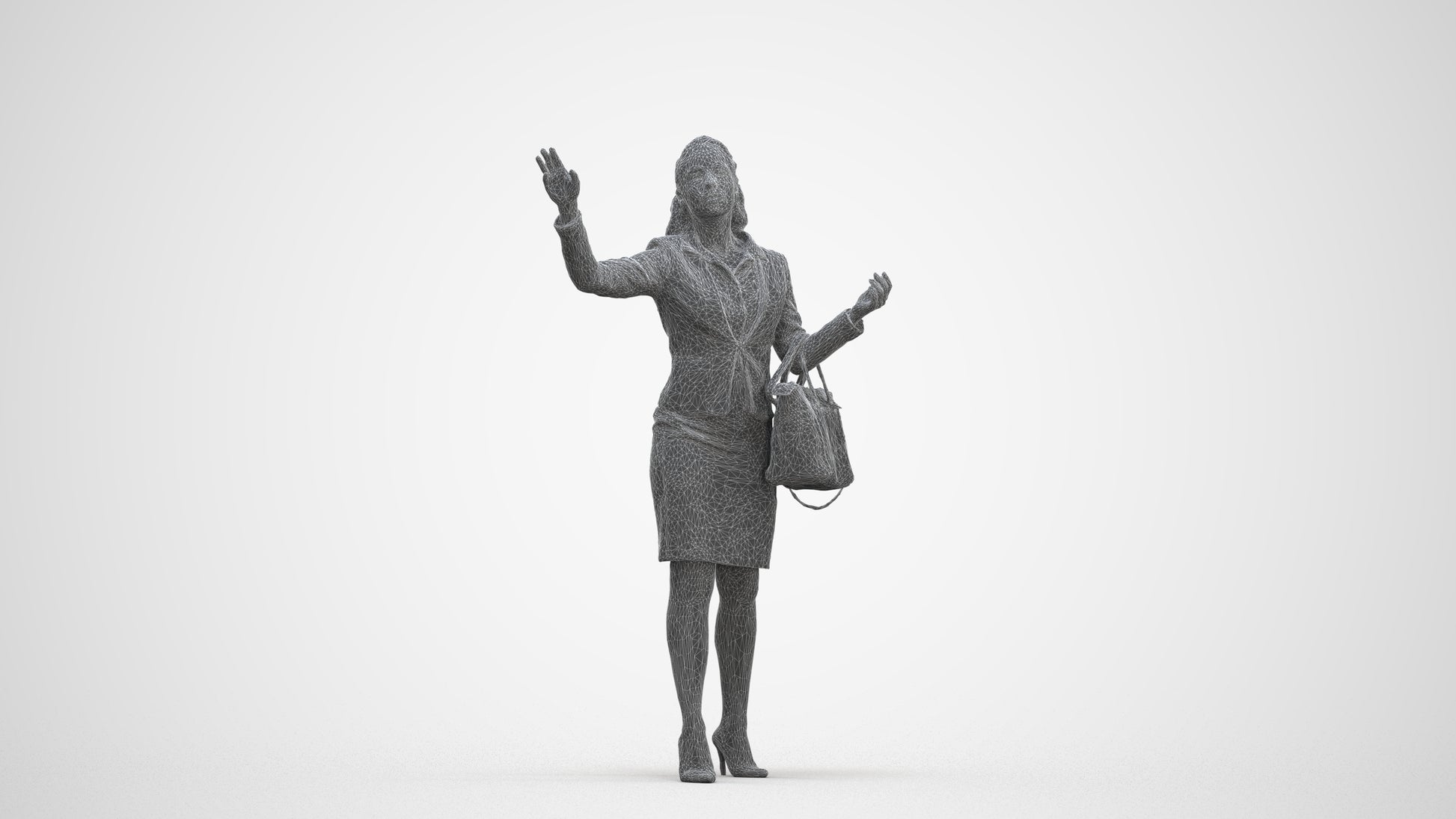 3D human model woman business standing, photogrammetry scanned person for archviz, three-quarter front view render