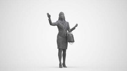 3D human model woman business standing, photogrammetry scanned person for archviz, three-quarter front view render