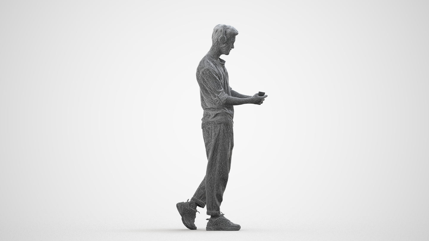 3D scanned man standing casual, photorealistic archviz people for Enscape and SketchUp, wireframe side view