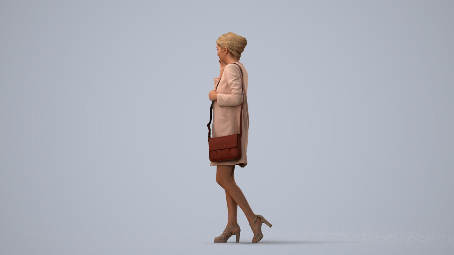 3D scanned woman walking business, photorealistic archviz people for Enscape and SketchUp, three-quarter view render