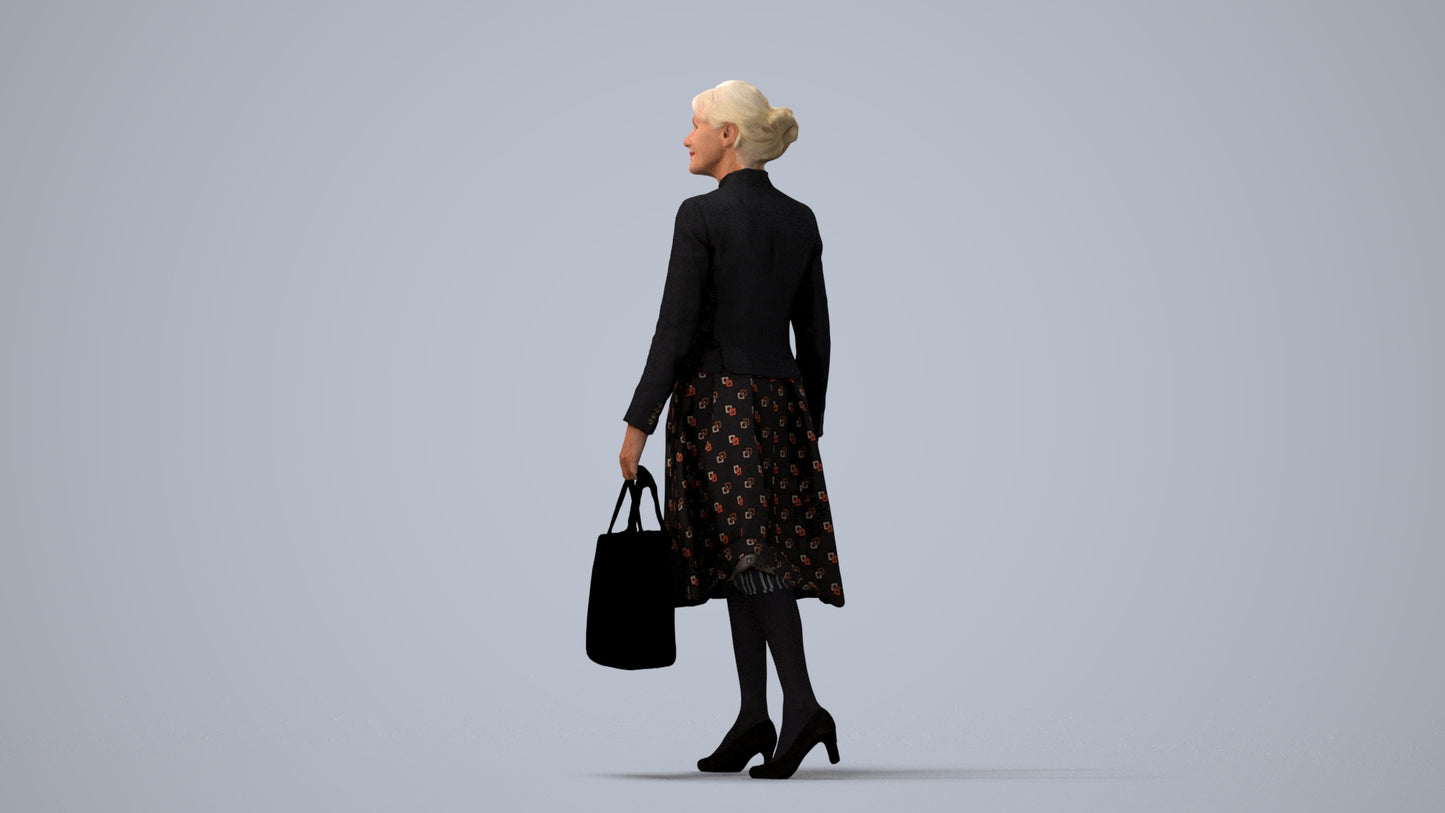 3D scanned senior woman standing business, photorealistic archviz people for Enscape and SketchUp, three-quarter view render