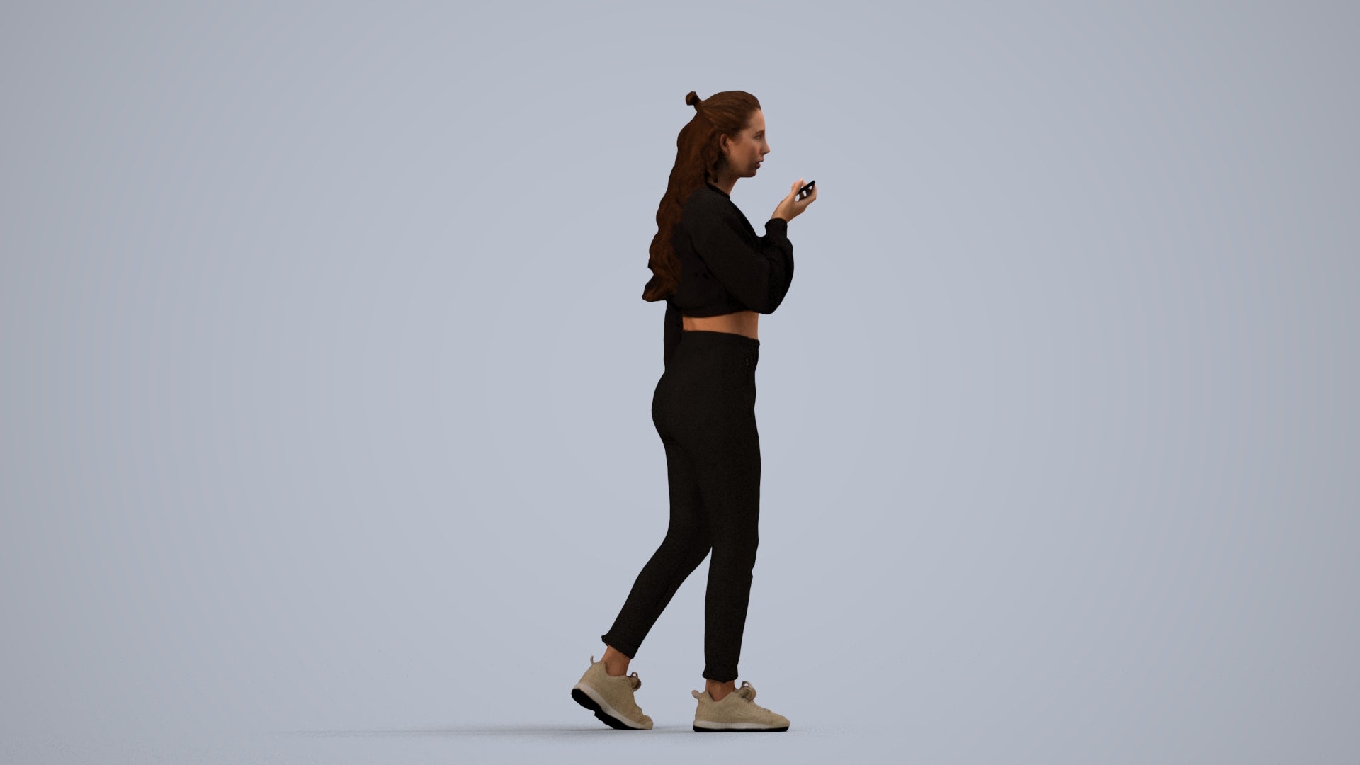 3D human model woman sport, photogrammetry scanned person for archviz, side view render