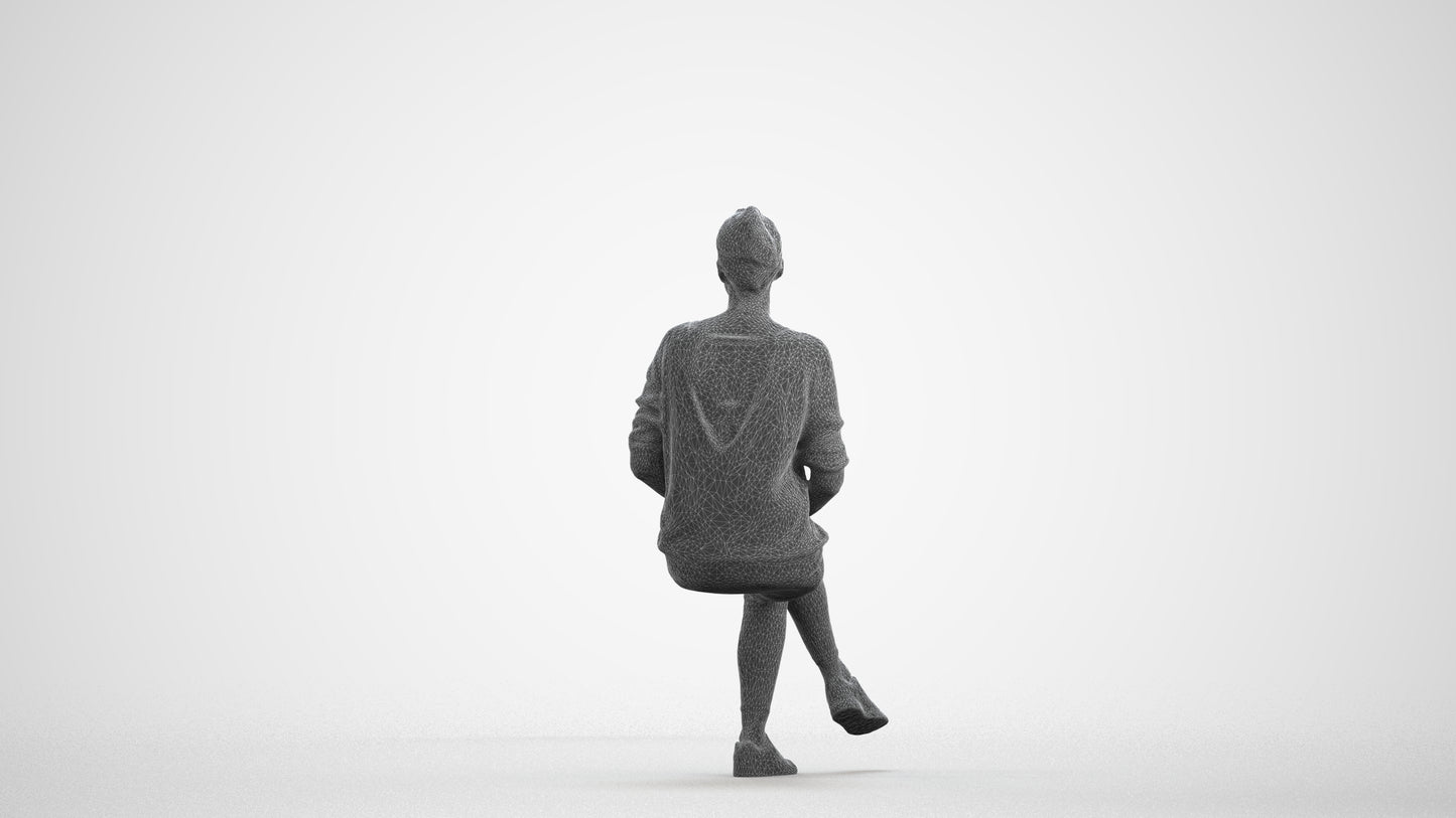 realistic 3D people woman casual sitting, render-ready for V-Ray and Corona, FBX OBJ, wireframe front view