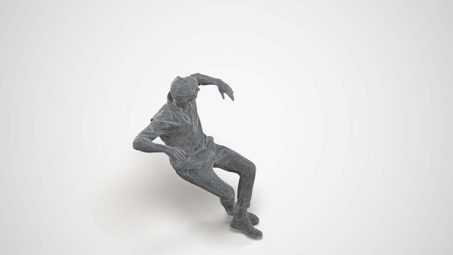 realistic 3D man casual sitting, scanned archviz people for Blender and 3ds Max, wireframe three-quarter view