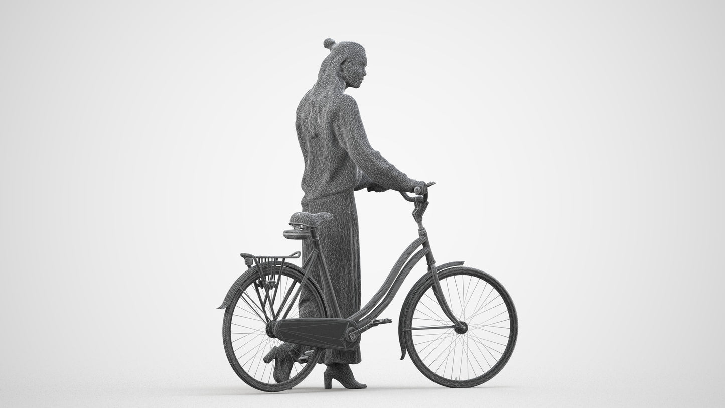 realistic 3D human woman casual cycling, archviz people FBX OBJ for Blender, wireframe side view