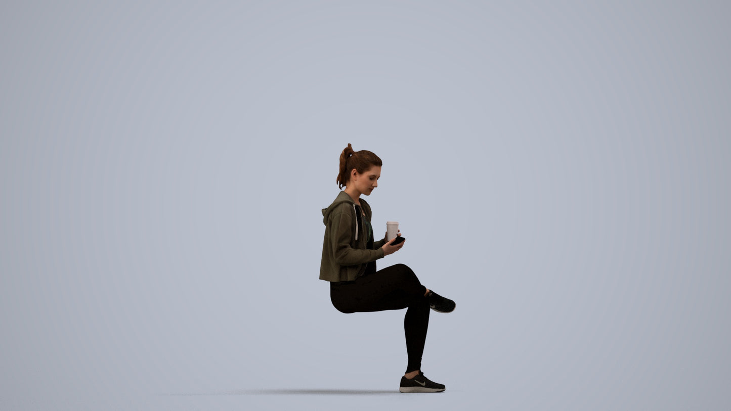 realistic 3D woman sport sitting, scanned archviz people for Blender and 3ds Max, side view render