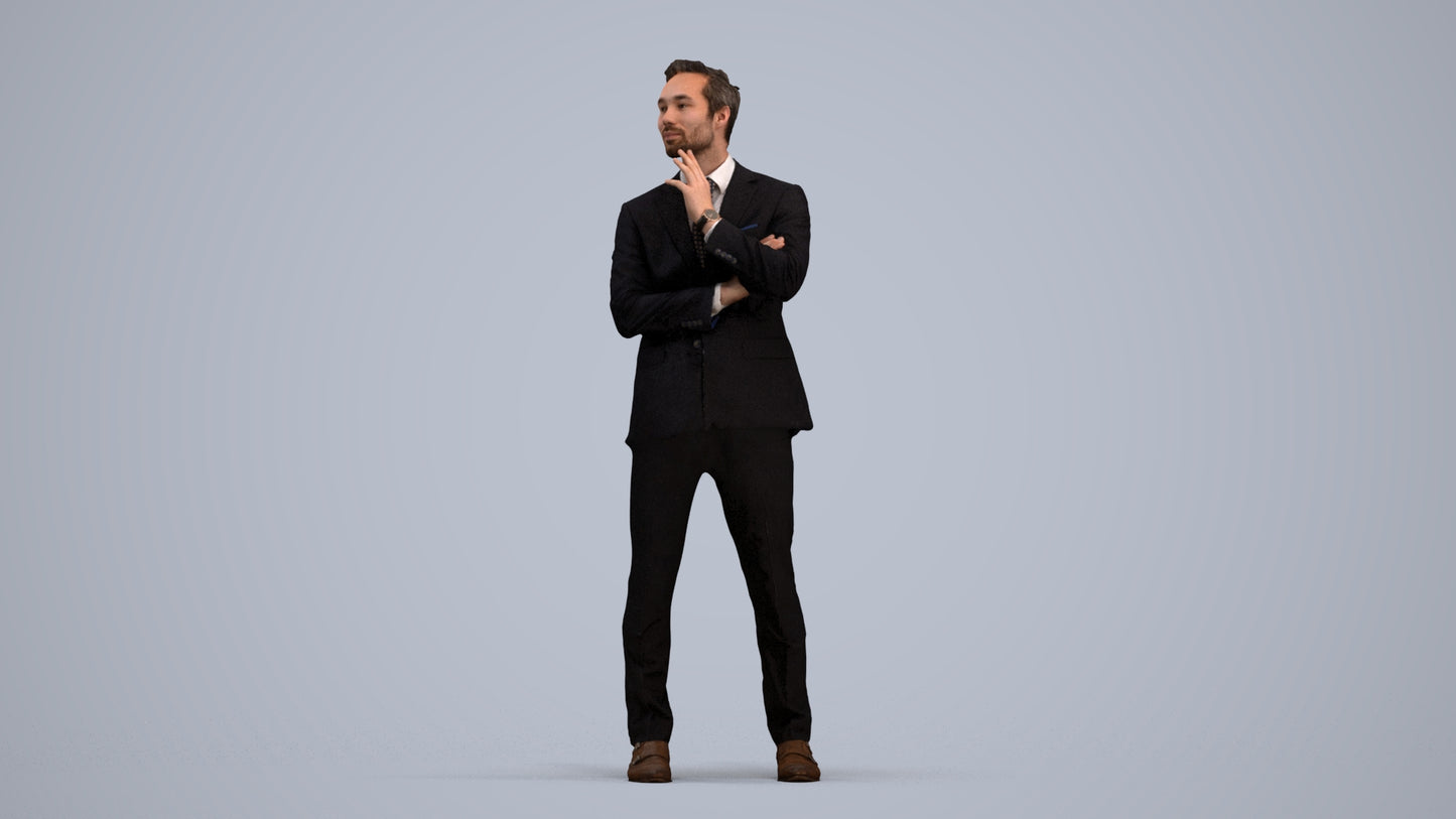 3D human model man formal business, photogrammetry scanned person for archviz, standing pose render