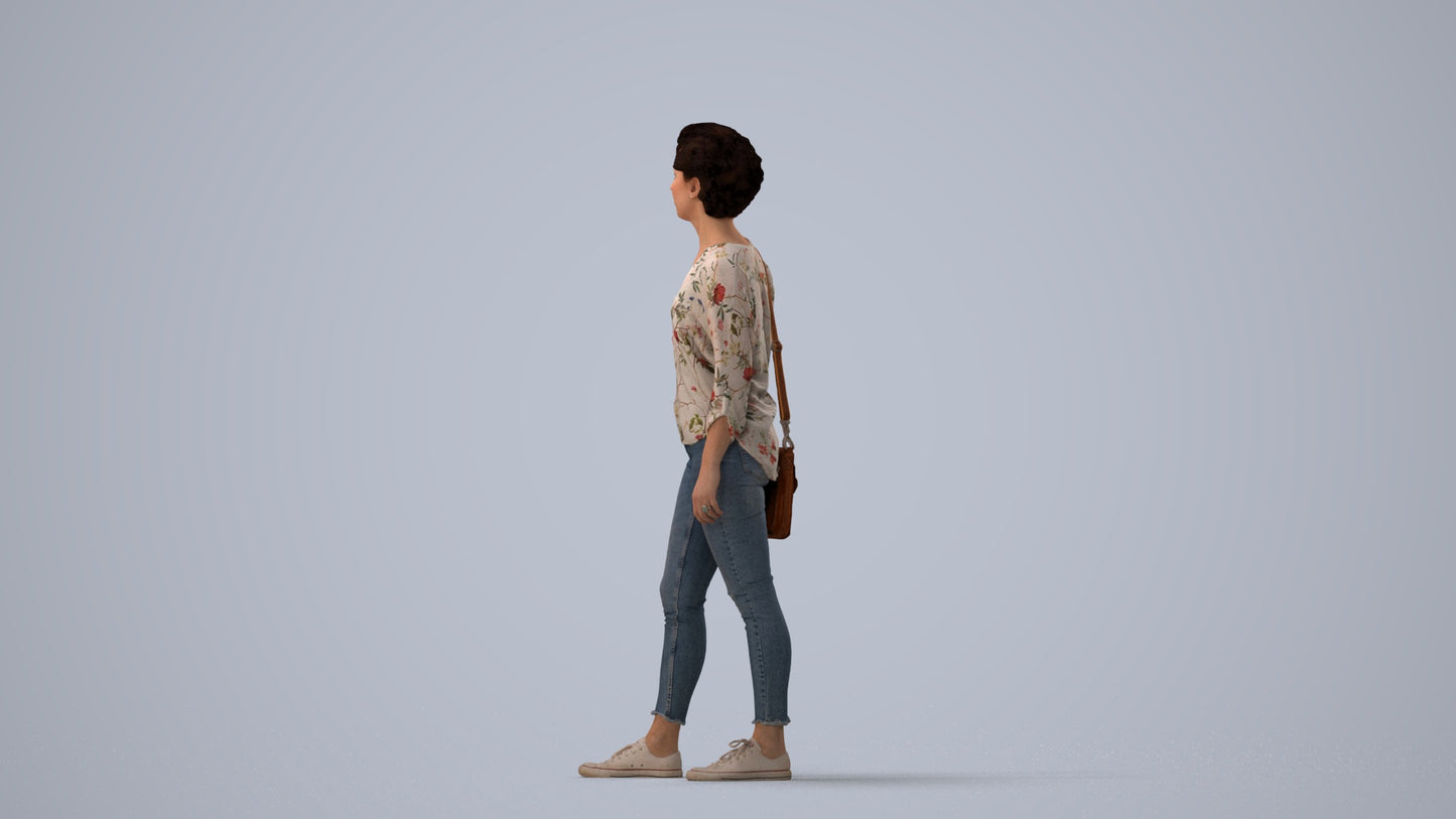 scanned 3D woman casual walking, photogrammetry people for Enscape and V-Ray, three-quarter view render