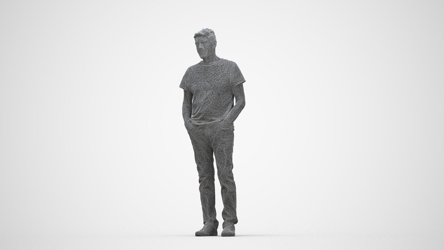 3D human model senior man casual standing, photogrammetry scanned person for archviz, wireframe back view