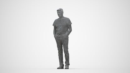 3D human model senior man casual standing, photogrammetry scanned person for archviz, wireframe back view