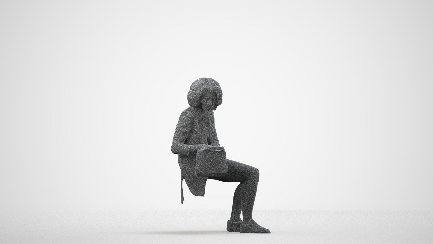 3D people model woman business sitting, scanned human for 3ds Max rendering, wireframe side view