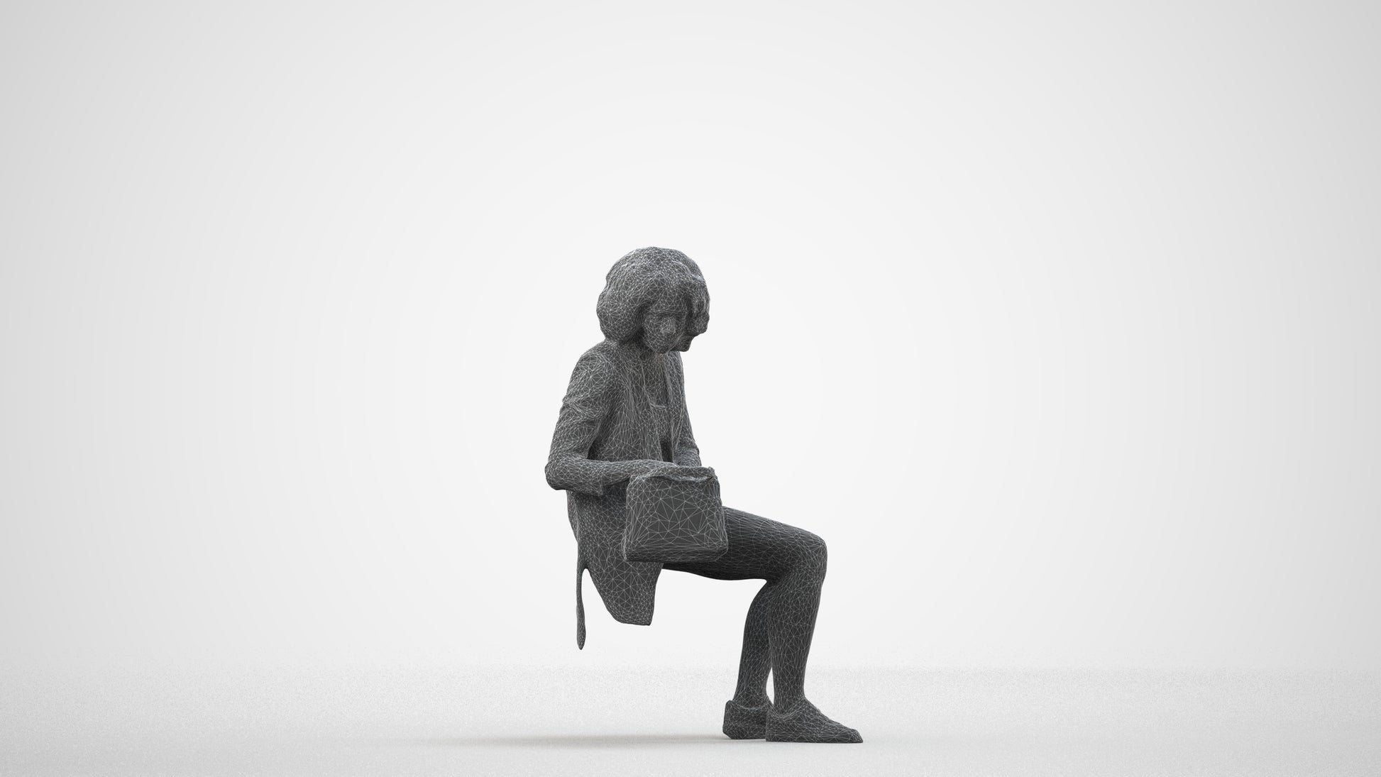 3D people model woman business sitting, scanned human for 3ds Max rendering, wireframe side view