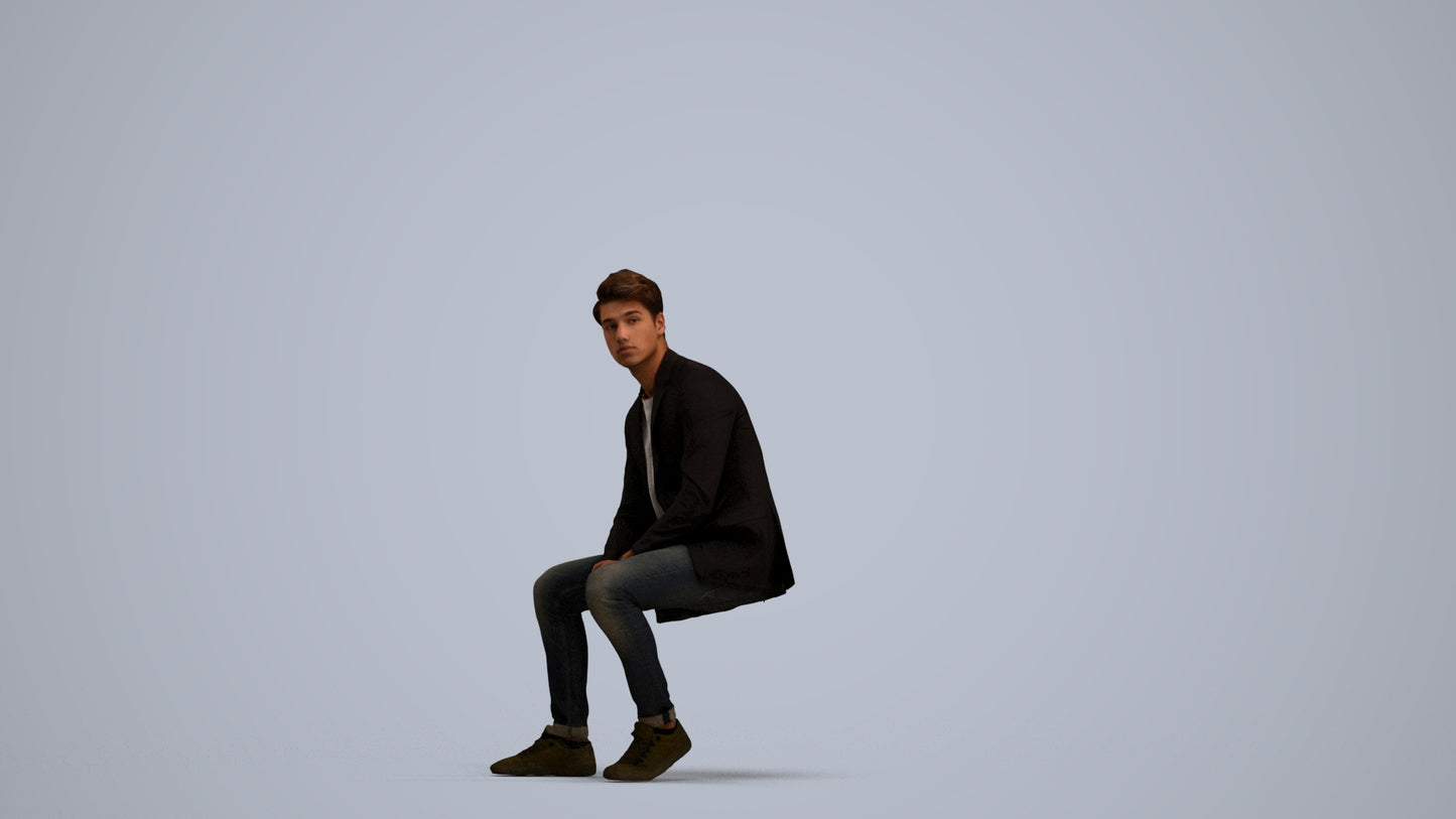 3D people model man casual sitting, scanned human for 3ds Max rendering, standing pose render