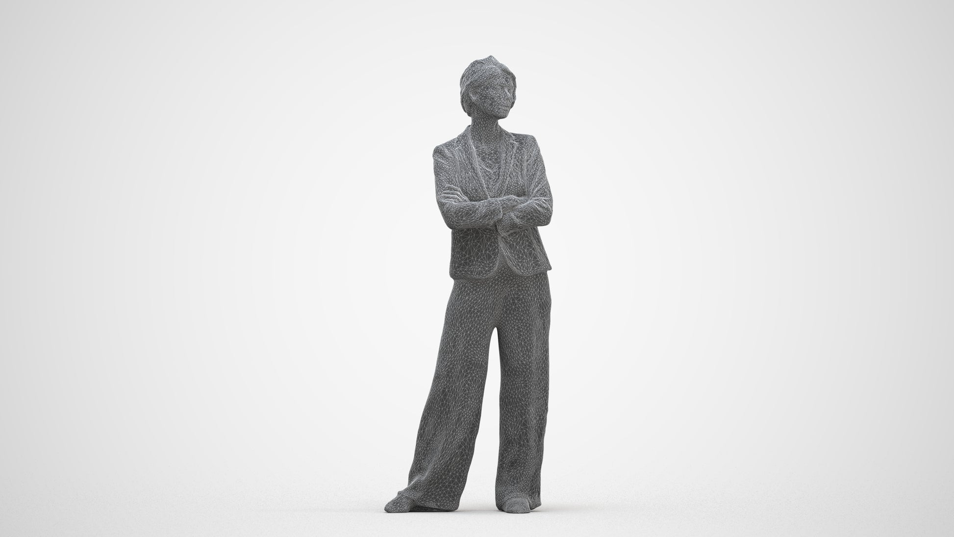 3D human model woman business, photogrammetry scanned person for archviz, three-quarter front view render