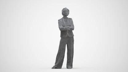 3D human model woman business, photogrammetry scanned person for archviz, three-quarter front view render