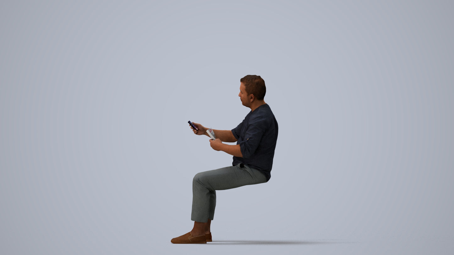 photogrammetry 3D man casual sitting, realistic human model archviz FBX, three-quarter view render