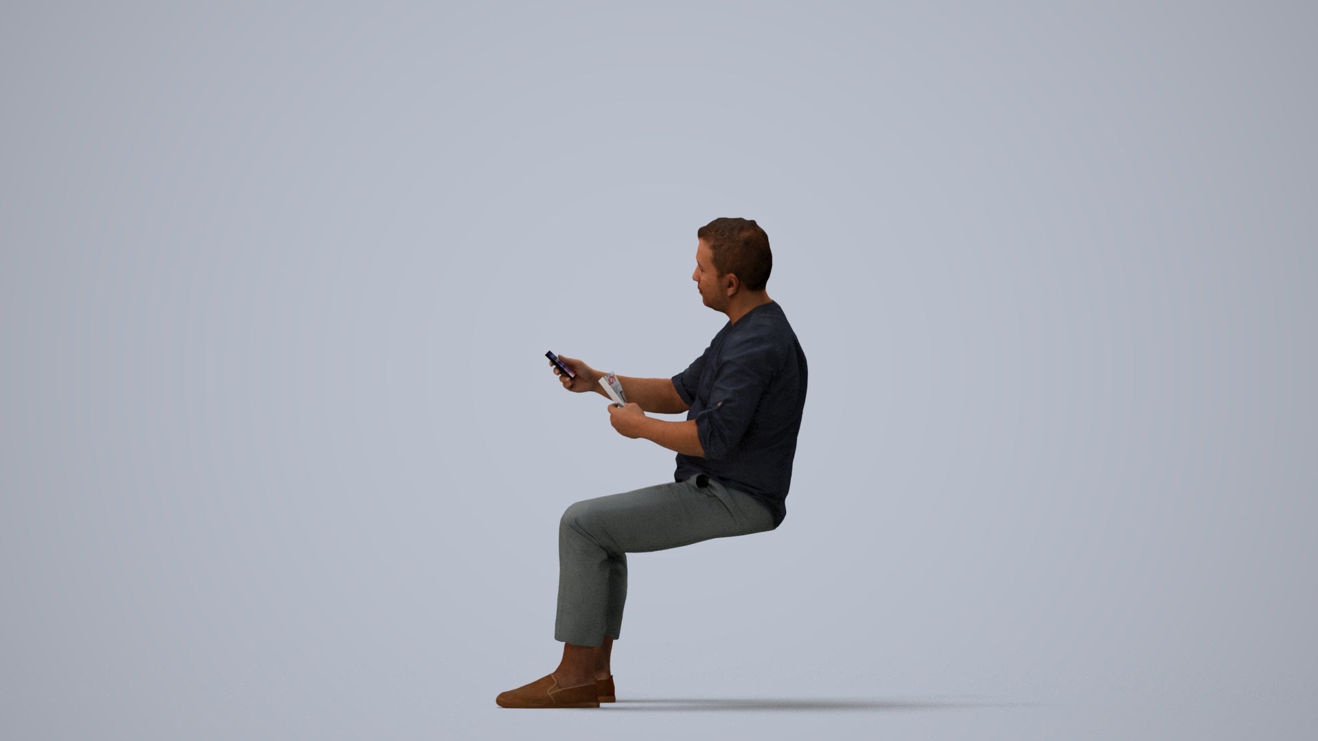 photogrammetry 3D man casual sitting, realistic human model archviz FBX, three-quarter view render