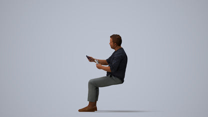 photogrammetry 3D man casual sitting, realistic human model archviz FBX, three-quarter view render