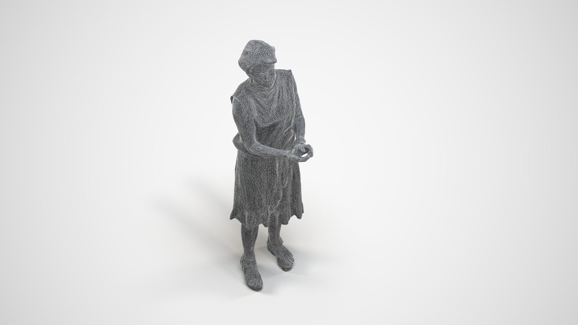 realistic 3D human woman casual standing, archviz people FBX OBJ for Blender, wireframe three-quarter view