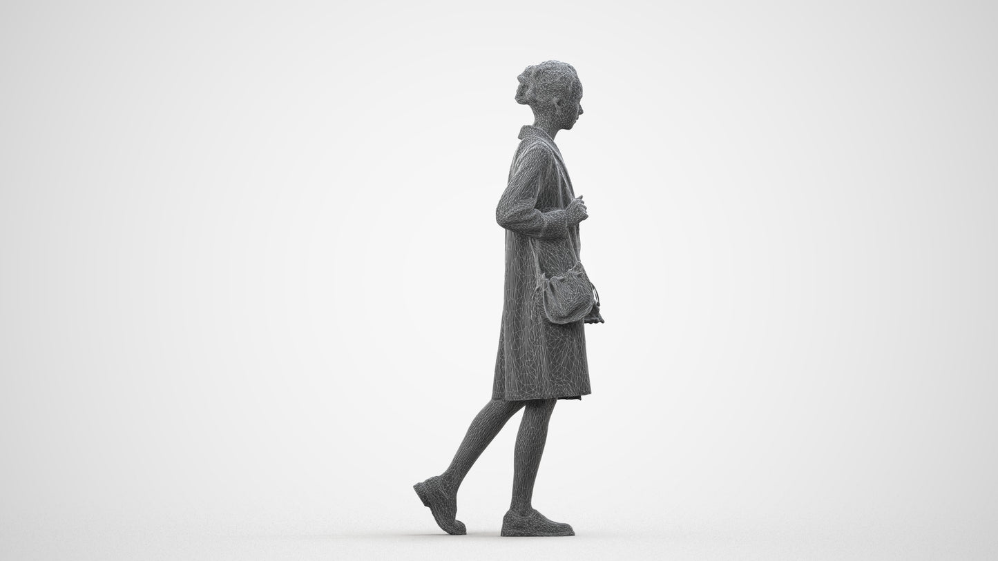 3D people model woman casual walking, scanned human for 3ds Max rendering, wireframe side view