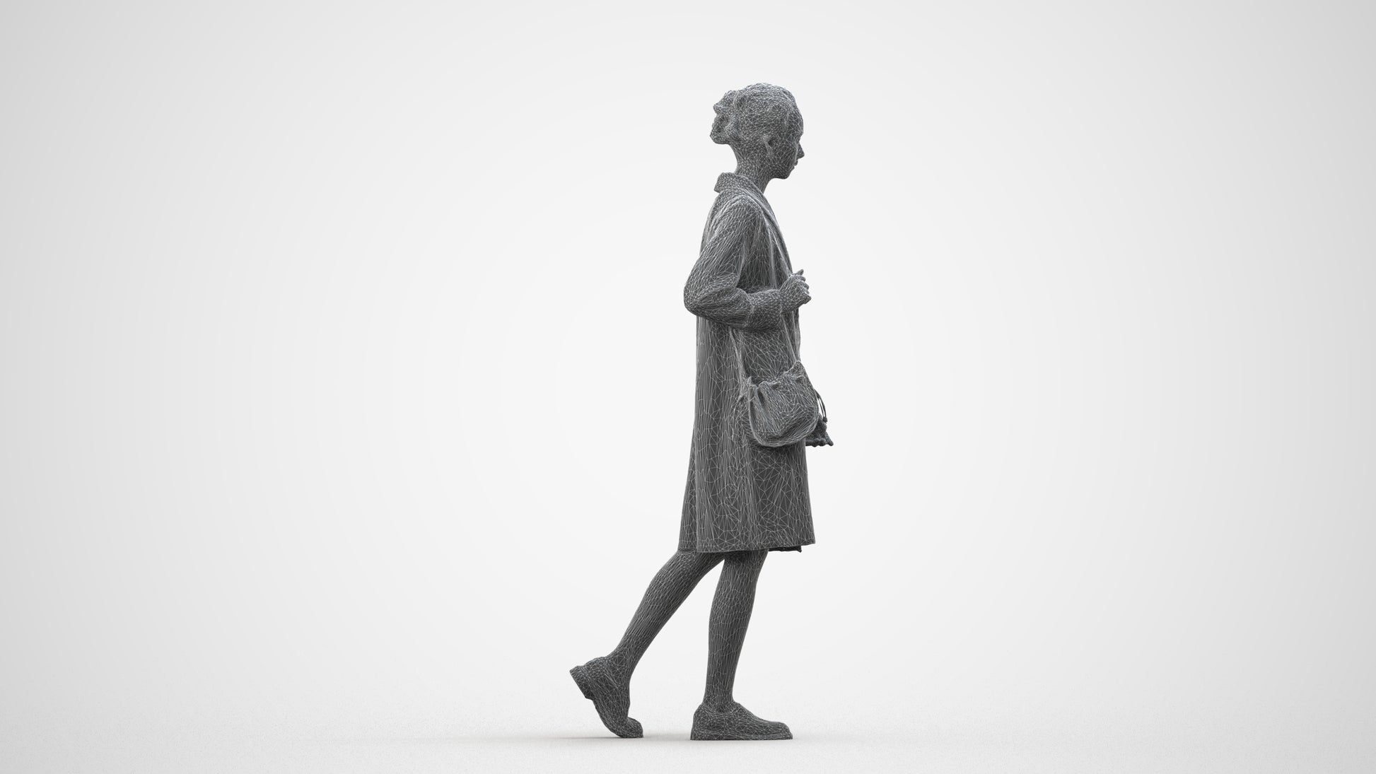 3D people model woman casual walking, scanned human for 3ds Max rendering, wireframe side view