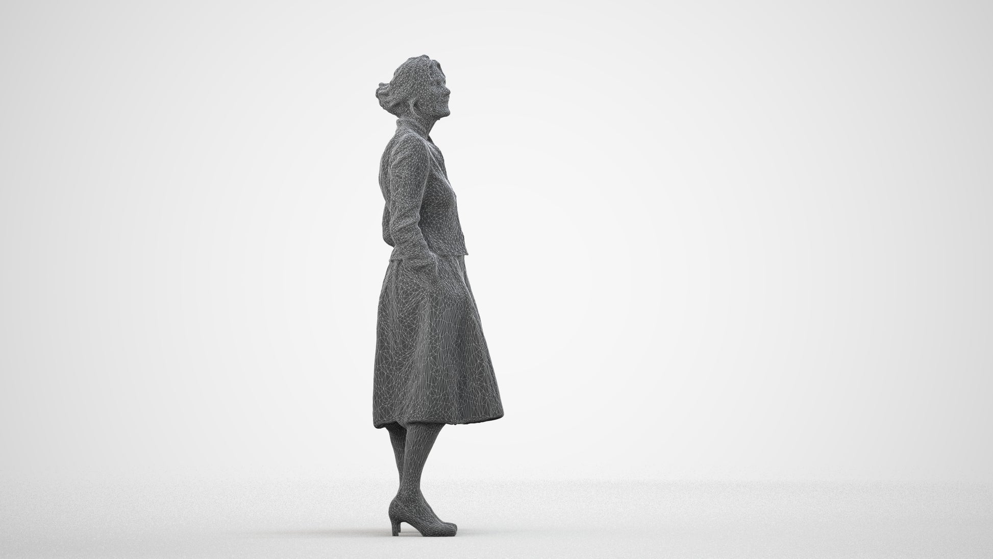 realistic 3D people senior woman business standing, render-ready for V-Ray and Corona, FBX OBJ, wireframe side view