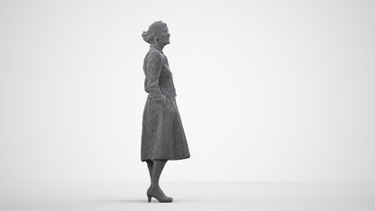 realistic 3D people senior woman business standing, render-ready for V-Ray and Corona, FBX OBJ, wireframe side view