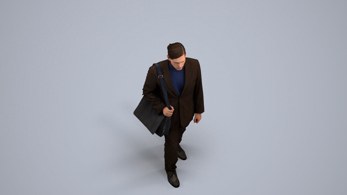 realistic 3D human man business walking, archviz people FBX OBJ for Blender, back view render