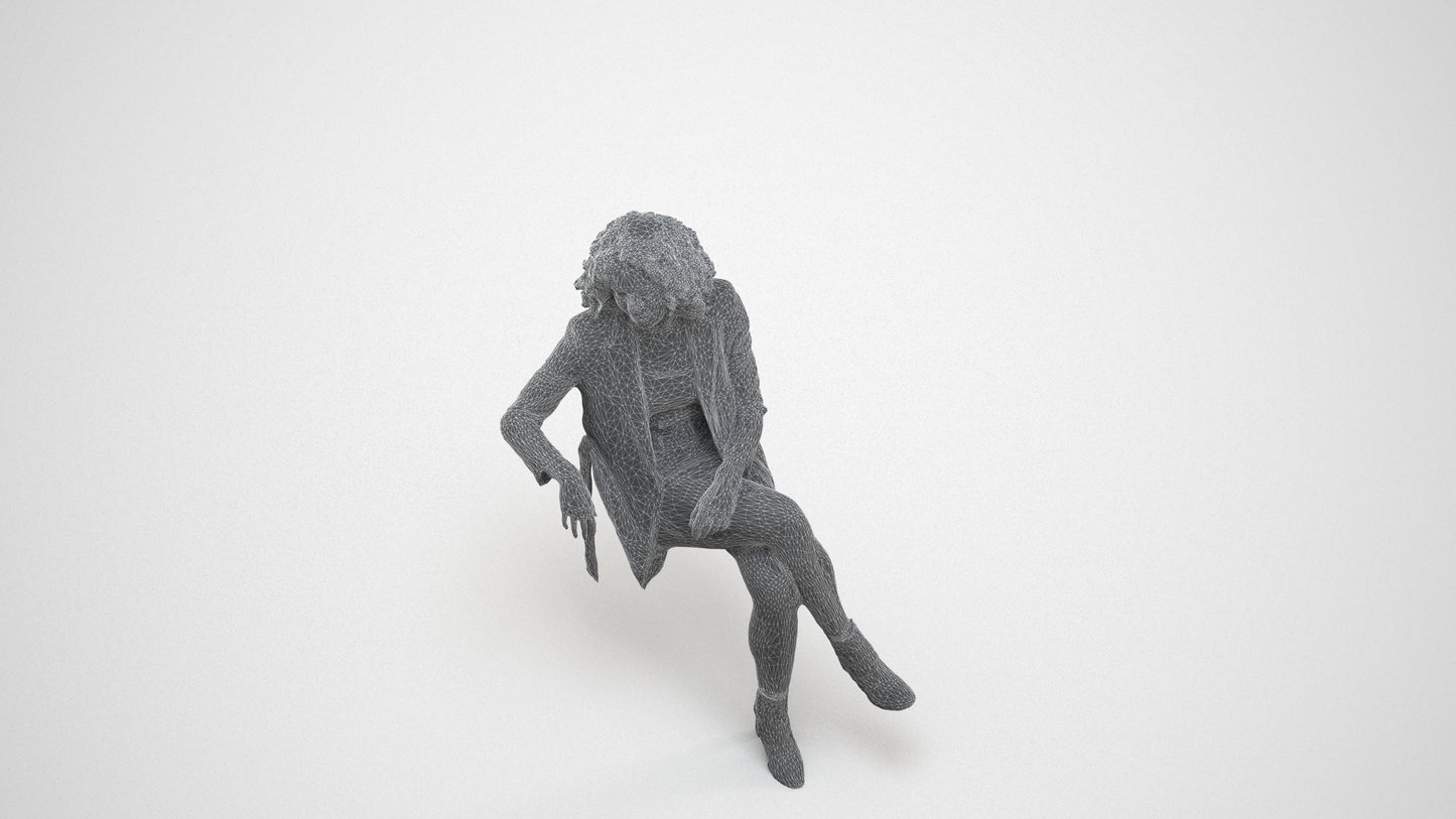 photogrammetry 3D woman business sitting, realistic human model archviz FBX, wireframe three-quarter view