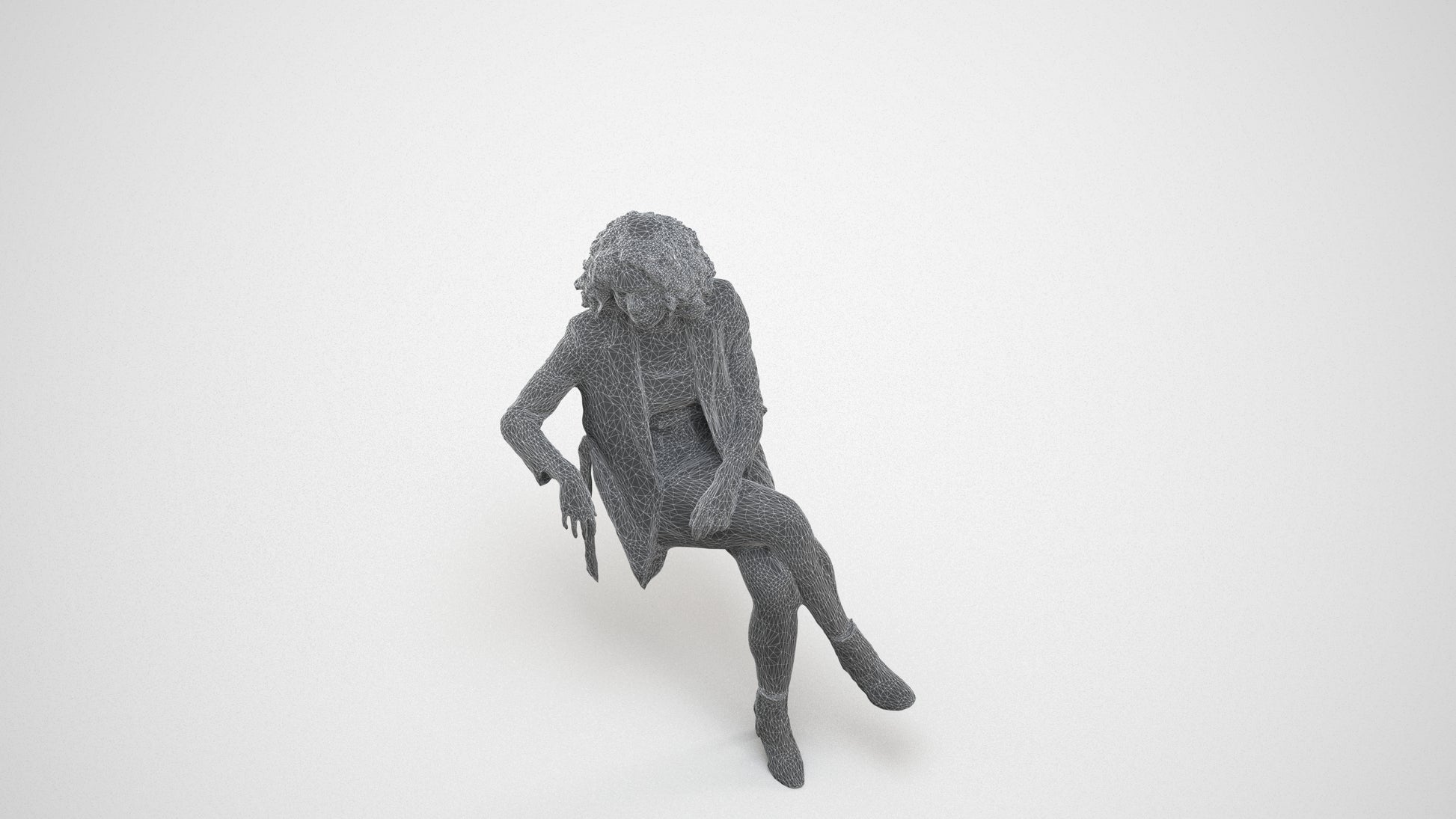 photogrammetry 3D woman business sitting, realistic human model archviz FBX, wireframe three-quarter view