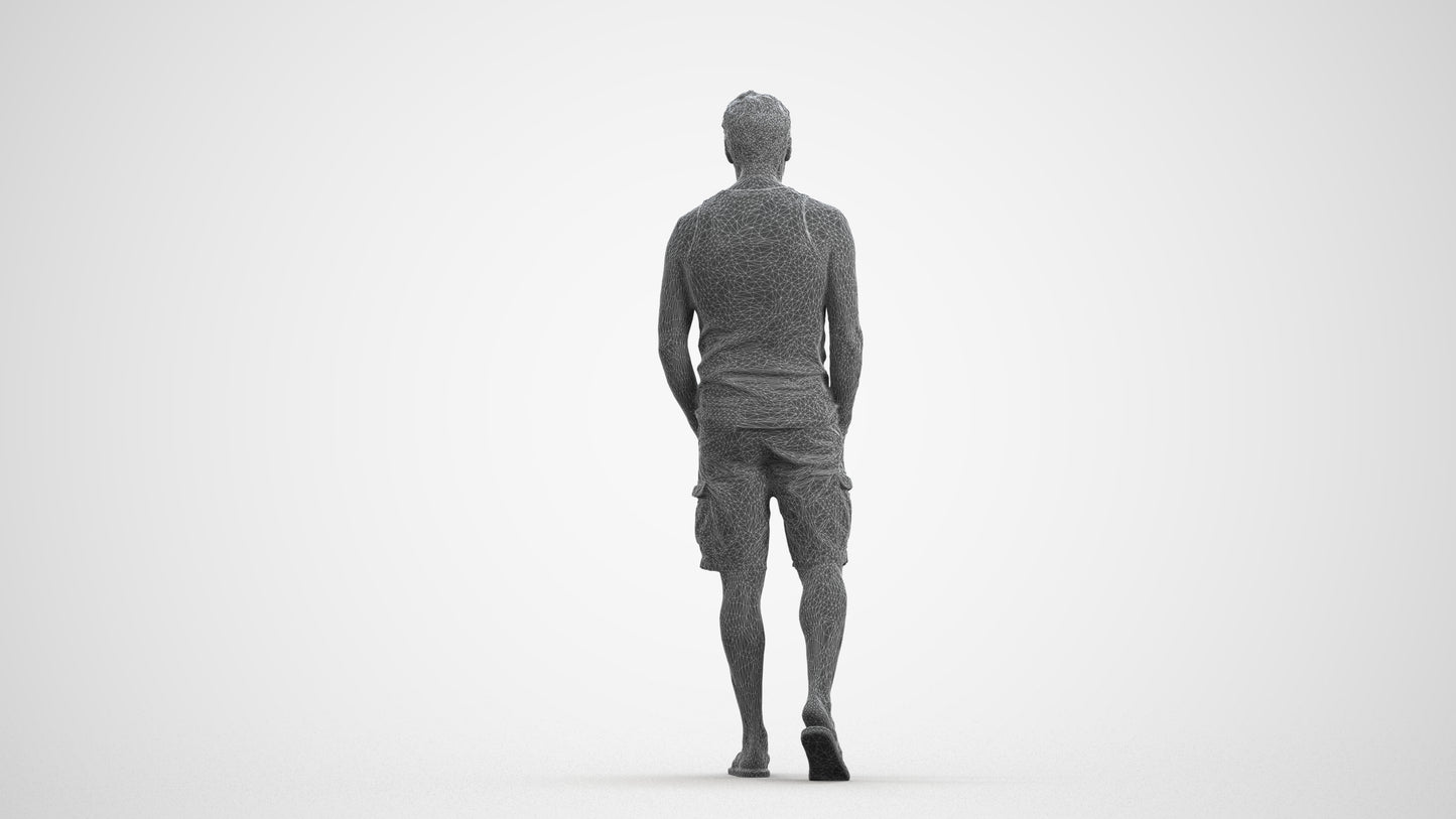 3D human model man casual walking, photogrammetry scanned person for archviz, wireframe front view