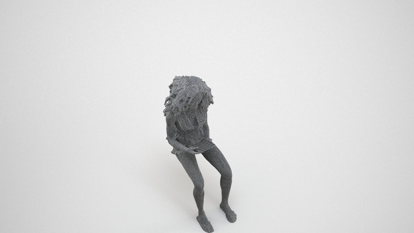 realistic 3D woman casual sitting, scanned archviz people for Blender and 3ds Max, wireframe three-quarter view