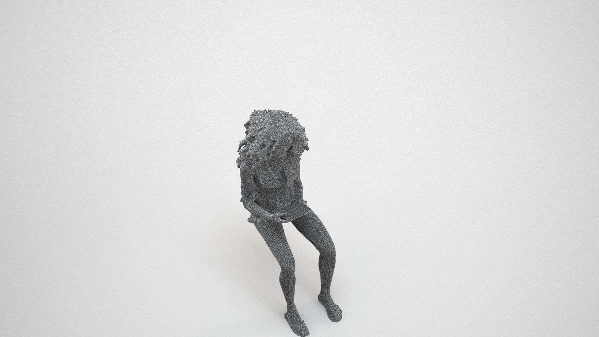 realistic 3D woman casual sitting, scanned archviz people for Blender and 3ds Max, wireframe three-quarter view