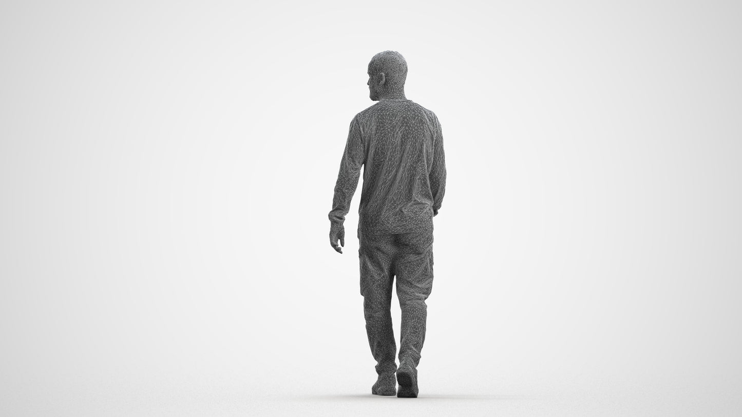 3D scanned man walking casual, photorealistic archviz people for Enscape and SketchUp, wireframe front view