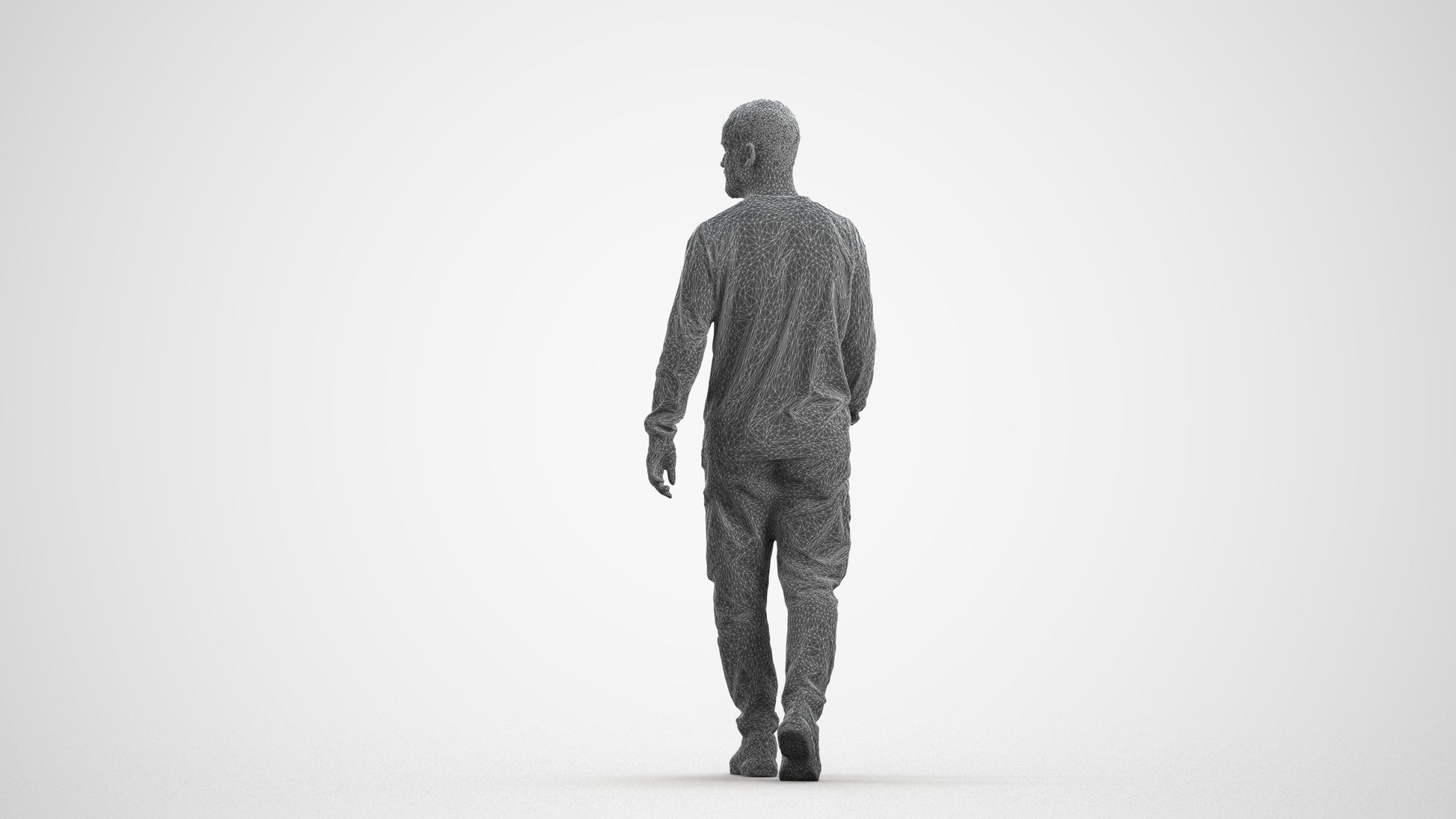 3D scanned man walking casual, photorealistic archviz people for Enscape and SketchUp, wireframe front view