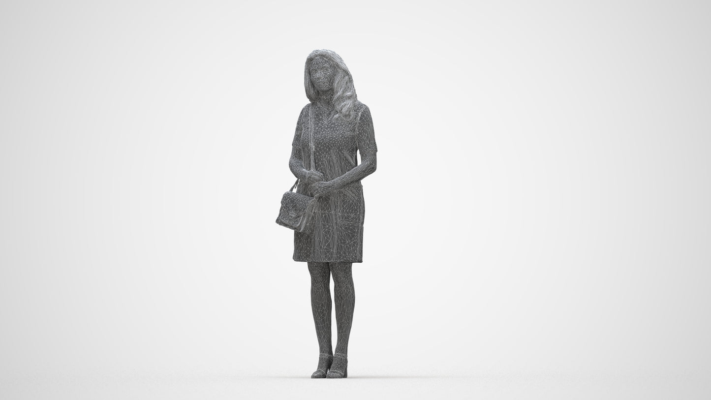realistic 3D woman business standing, scanned archviz people for Blender and 3ds Max, wireframe back view
