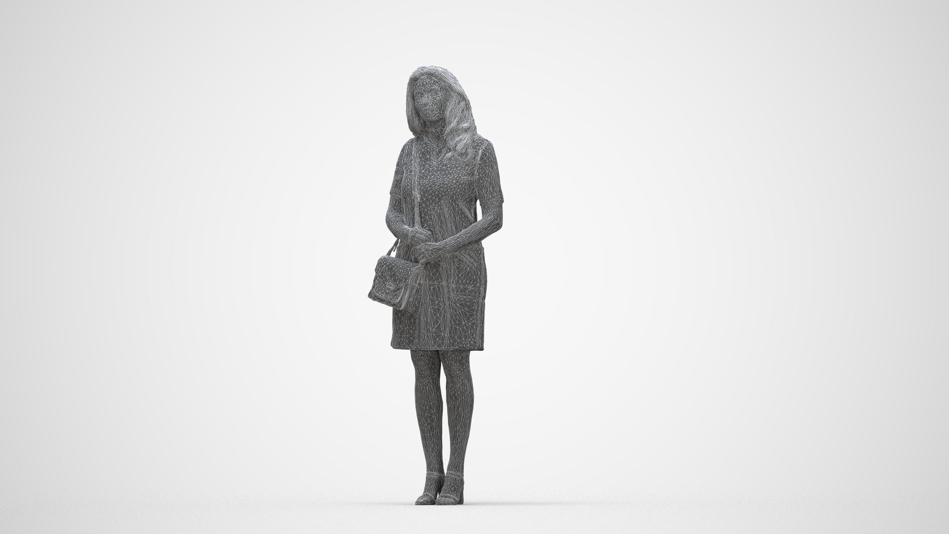 realistic 3D woman business standing, scanned archviz people for Blender and 3ds Max, wireframe back view