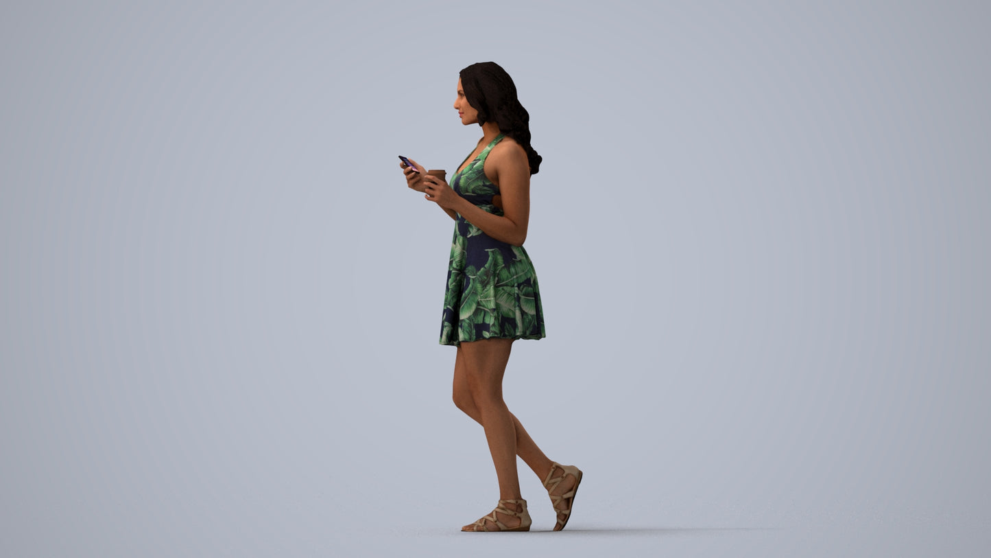 3D people model woman walking, scanned human for 3ds Max rendering, three-quarter view render