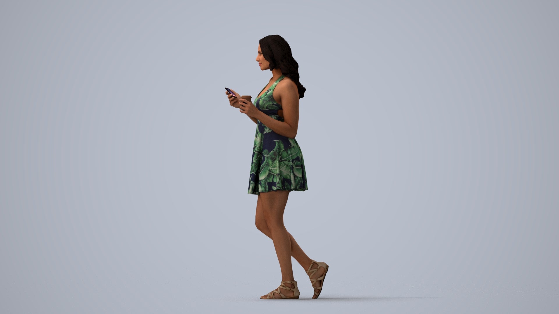 3D people model woman walking, scanned human for 3ds Max rendering, three-quarter view render