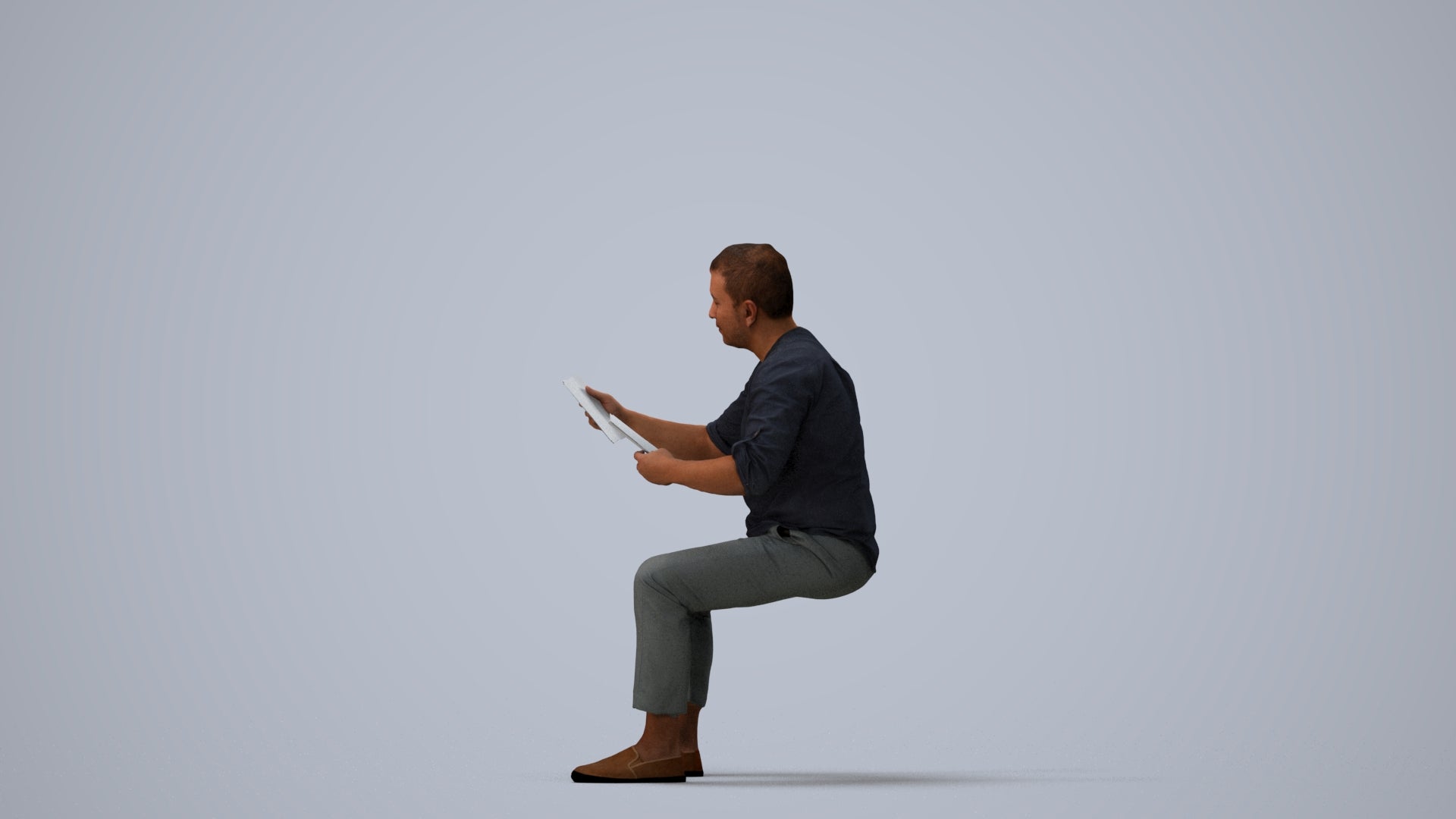 realistic 3D man casual sitting, scanned archviz people for Blender and 3ds Max, three-quarter view render