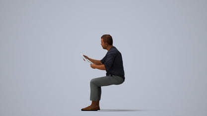 realistic 3D man casual sitting, scanned archviz people for Blender and 3ds Max, three-quarter view render