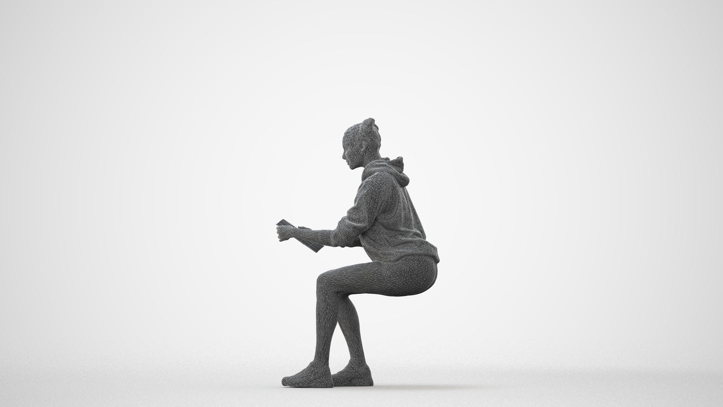 scanned 3D woman casual sitting, photogrammetry people for Enscape and V-Ray, square thumbnail