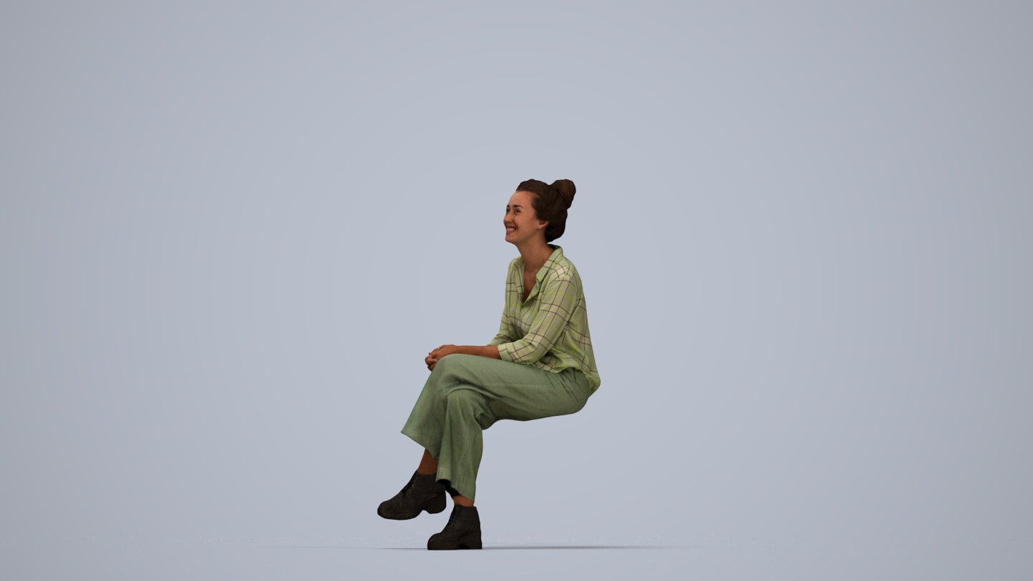 photogrammetry 3D woman casual sitting, realistic human model archviz FBX, top-down view render