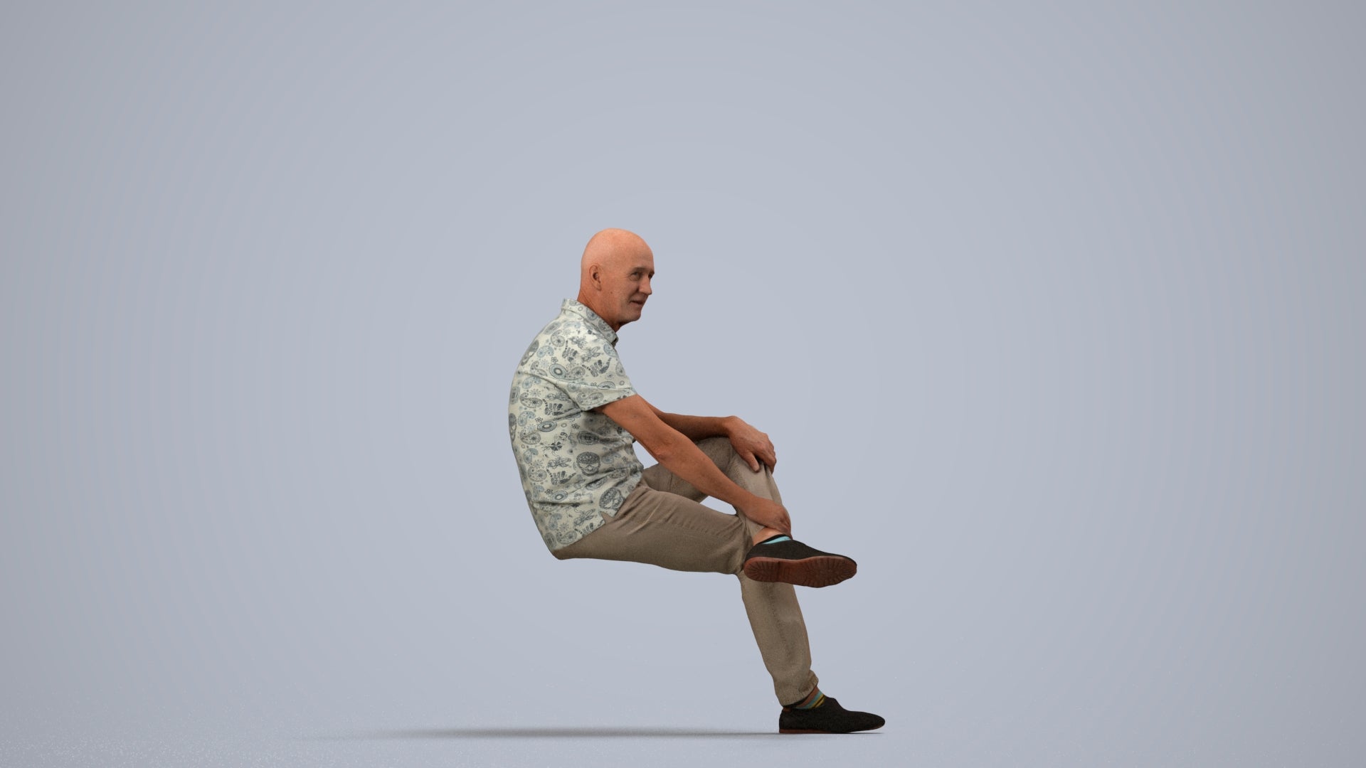 3D scanned senior man sitting casual, photorealistic archviz people for Enscape and SketchUp, side view render