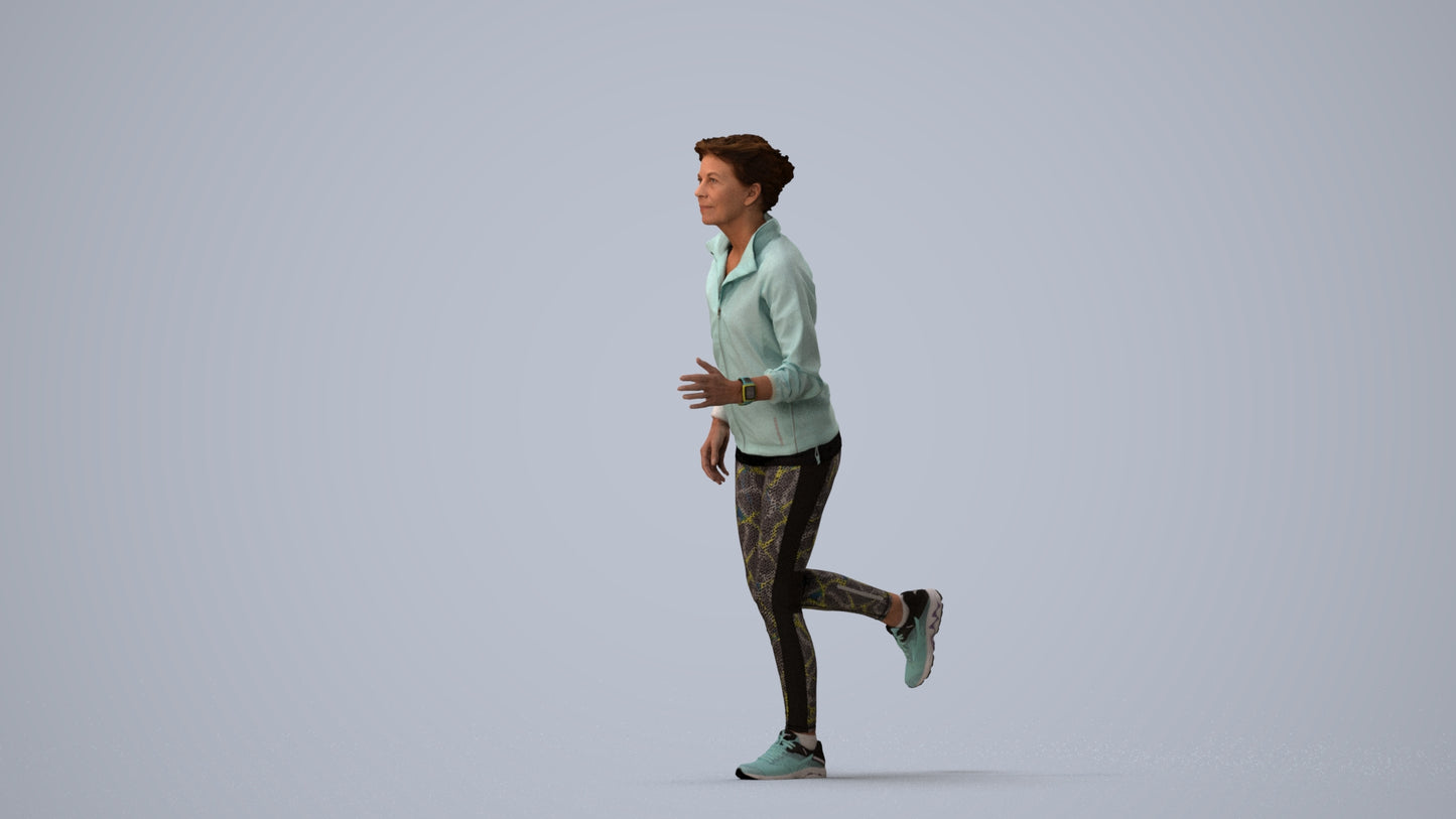 3D human model woman sport, photogrammetry scanned person for archviz, three-quarter view render