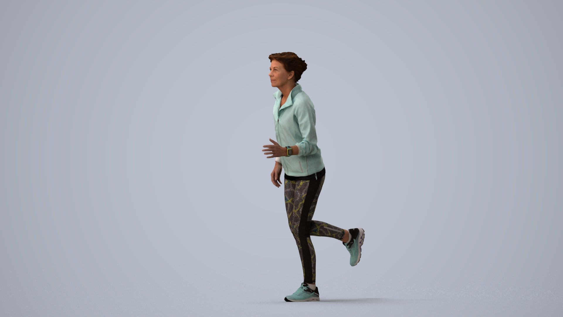 3D human model woman sport, photogrammetry scanned person for archviz, three-quarter view render